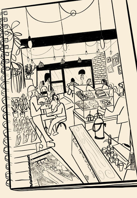 Drawn from life at Peloton Cafe, Oxford