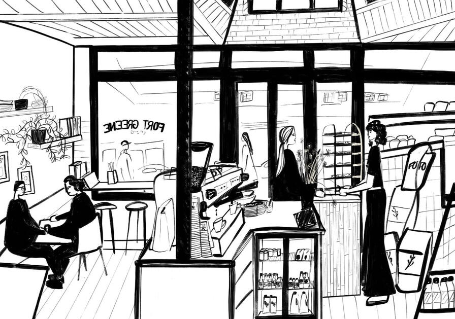 Drawn from life at Fort Greene cafe, Aotearoa